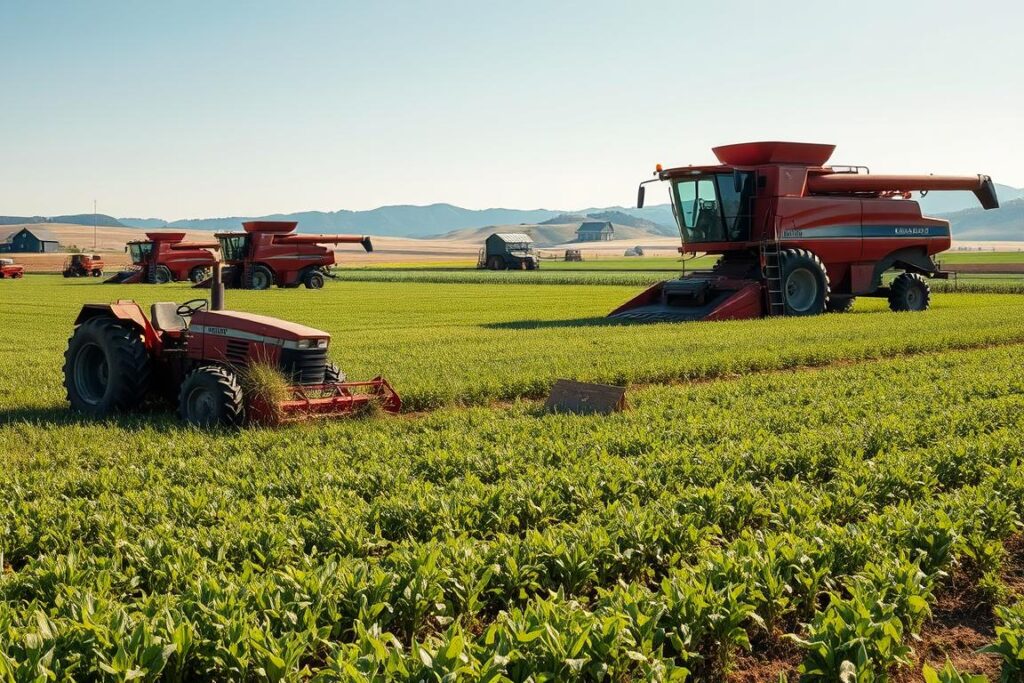 A vast agricultural landscape featuring idle and oversized farming machines, such as tractors and harvesters, positioned throughout a fertile field. In the foreground, a large red tractor sits motionless, partially covered in grass and weeds, symbolizing neglect. The middle ground showcases rows of crops, some wilting under the sun, while light casts long shadows from the towering machines. In the background, a distant barn and rolling hills are under a clear blue sky, creating a sense of abandonment and opportunity lost. The lighting is bright and natural, evoking a harsh reality, while a slight haze adds to the atmosphere of stagnation. This image reflects the challenges of underutilized equipment in farming, emphasizing the impact on overall farm profitability.