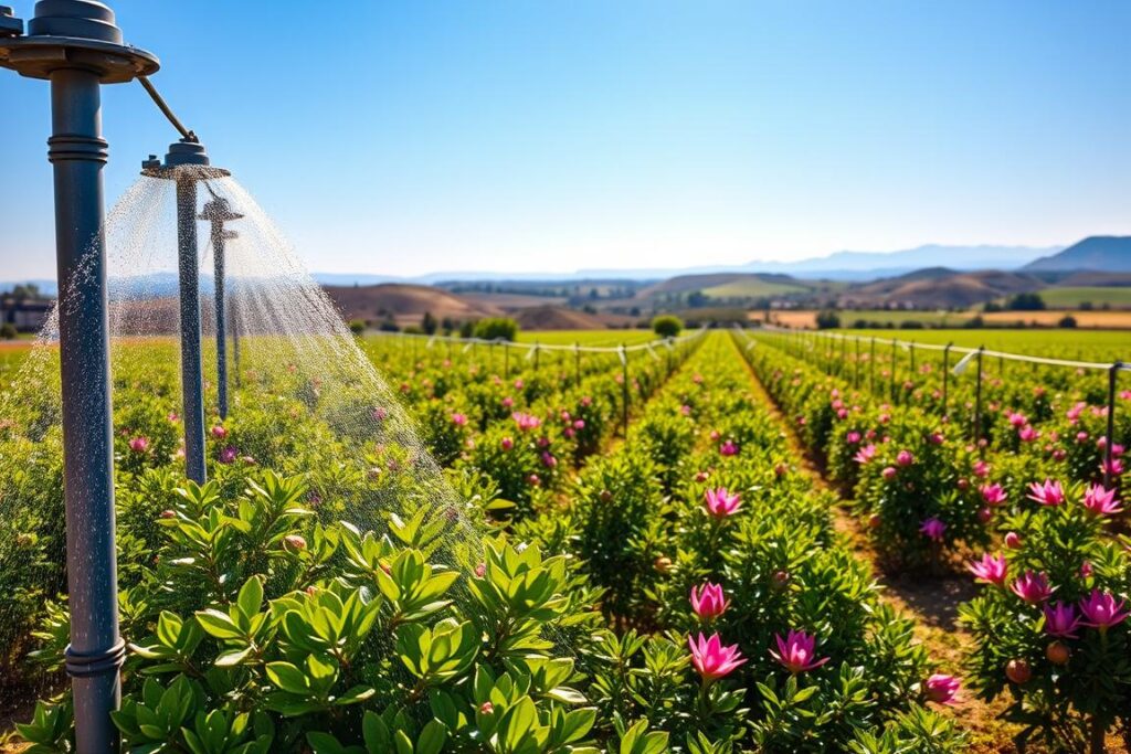 A vibrant agricultural landscape showcasing a micro-sprinkler irrigation system in a citrus and pitaya orchard. In the foreground, focus on a cluster of micro-sprinklers gently misting water over lush green citrus trees and vibrant pink pitaya plants. In the middle ground, depict neatly organized rows of these fruit trees, interspersed with healthy foliage, under the warm sunlight of a clear blue sky. The background illustrates rolling hills, suggesting a larger agricultural area, with distant mountains faintly visible. Capture the scene with a slightly elevated angle to emphasize the arrangement of the orchard and the efficiency of the irrigation system. The mood is serene and productive, embodying the sustainable management of water resources in agriculture.