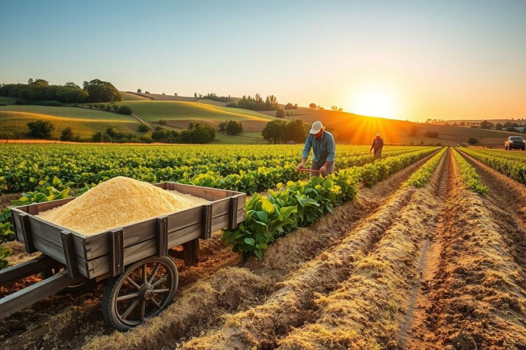 A vibrant agricultural landscape showcasing the effective use of clean sawdust in field applications. In the foreground, a rustic wooden cart overflowing with golden, finely ground sawdust, surrounded by green crops thriving in rich soil. The middle ground features farmers in professional attire carefully spreading the sawdust around the base of plants, enhancing soil quality. In the background, rolling hills under a warm, golden sunset light, with trees and farmland extending into the horizon. A clear blue sky complements the scene, reflecting a sense of productivity and sustainability. The atmosphere feels optimistic and innovative, emphasizing eco-friendly practices in agriculture.