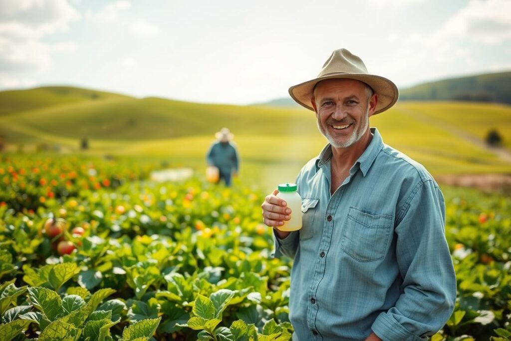 A vibrant agricultural scene showcasing small-scale farmers in a lush green field applying organic pesticides. In the foreground, focus on a farmer in modest casual clothing, joyfully inspecting healthy crops, surrounded by colorful fruits and vegetables. In the middle ground, another farmer is carefully spraying an organic solution, with a confident expression, emphasizing the positive impact of these practices. The background features rolling hills under a bright blue sky with soft, natural lighting that highlights the vitality of the landscape. The atmosphere is optimistic and invigorating, illustrating success and financial growth. The image captures the essence of innovation in sustainable agriculture, symbolizing hope and prosperity for small producers.