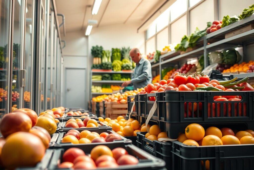A vibrant and detailed scene depicting a post-harvest cold storage facility showcasing the benefits of reduced losses for small-scale farmers. In the foreground, neatly stacked crates of freshly harvested fruits and vegetables are visible, glistening under soft, natural light that filters in through transparent panels. In the middle ground, a small farmer, dressed in modest casual clothing, checks the temperature and humidity controls of the cold room, emphasizing meticulous care in preserving produce. The background features shelves lined with various fresh produce, arranged systematically to convey organization and efficiency. The atmosphere is calm and professional, highlighting the importance of proper storage for better sales decisions and reduced waste. The perspective is a slightly low angle, giving a sense of depth and importance to the cold storage environment.