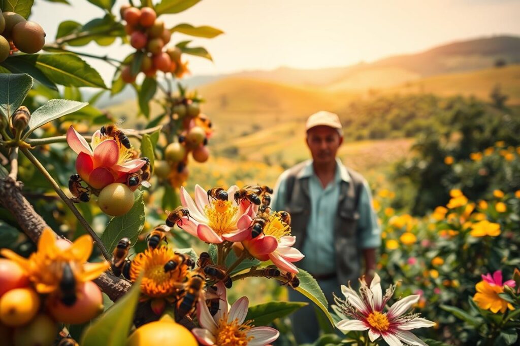 A vibrant and detailed scene of meliponicultura, showcasing a variety of stingless bees pollinating colorful fruit blossoms in a lush orchard. The foreground features a close-up of bees actively engaged in pollination, surrounded by a spectrum of fruits like guava and passion fruit, highlighting the interconnectedness of nature. In the middle, a rural farmer in modest attire observes the scene with a sense of pride, embodying the theme of sustainable agriculture and eco-tourism. The background reveals rolling hills dotted with flowering plants under a bright, clear sky, illuminated by warm sunlight creating a welcoming atmosphere. The composition focuses on the harmony between bees, flowers, and the farmer, emphasizing the beauty and importance of pollination. The image conveys a positive, thriving ecosystem while maintaining a professional and inviting aesthetic. A vibrant and detailed scene of meliponicultura, showcasing a variety of stingless bees pollinating colorful fruit blossoms in a lush orchard. The foreground features a close-up of bees actively engaged in pollination, surrounded by a spectrum of fruits like guava and passion fruit, highlighting the interconnectedness of nature. In the middle, a rural farmer in modest attire observes the scene with a sense of pride, embodying the theme of sustainable agriculture and eco-tourism. The background reveals rolling hills dotted with flowering plants under a bright, clear sky, illuminated by warm sunlight creating a welcoming atmosphere. The composition focuses on the harmony between bees, flowers, and the farmer, emphasizing the beauty and importance of pollination. The image conveys a positive, thriving ecosystem while maintaining a professional and inviting aesthetic.