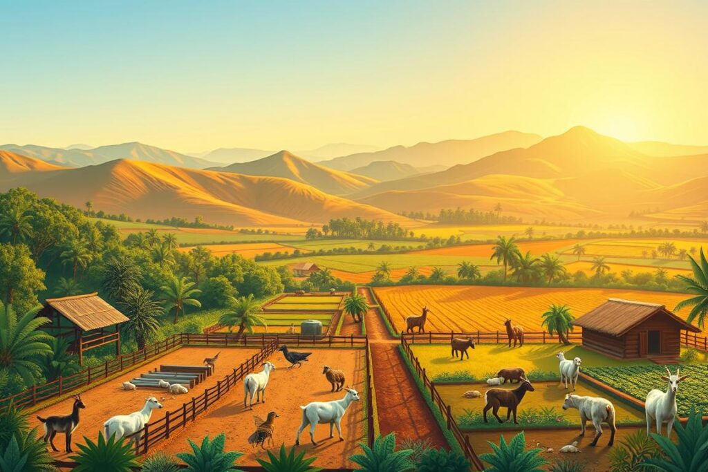 A vibrant and informative illustration depicting the best regions in Brazil for raising various unique animals, suitable for high-value product generation. In the foreground, show a diverse array of farms, each showcasing different animals such as exotic birds, goats, and bees in well-defined pens or fields. In the middle ground, illustrate distinct Brazilian landscapes, such as lush tropical forests, open pastures, and sunlit valleys, providing context to the agricultural settings. The background features rolling hills under a clear blue sky during the golden hour, casting warm, inviting light on the scene. The mood is optimistic and prosperous, emphasizing the potential of animal husbandry in Brazil. No text or signage present in the image.