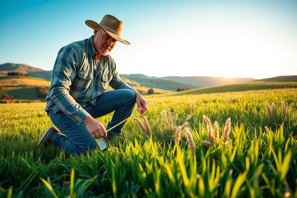 A vibrant and informative scene depicting a farmer measuring dry matter in a pasture. In the foreground, a farmer in casual but professional clothing kneels on lush green grass, using a digital scale and measuring tape. In the middle ground, a diverse range of pasture grasses and forbs are visible, some with tags for identification. The background showcases rolling hills and a clear blue sky, with subtle sunlight casting warm tones across the scene, illuminating the farmer’s focused expression. The overall mood is one of determination and diligence, emphasizing the importance of pasture management and forage assessment. The angle captures the farmer’s perspective while incorporating the expansive nature of the pasture, symbolizing the relationship between land and livestock. A vibrant and informative scene depicting a farmer measuring dry matter in a pasture. In the foreground, a farmer in casual but professional clothing kneels on lush green grass, using a digital scale and measuring tape. In the middle ground, a diverse range of pasture grasses and forbs are visible, some with tags for identification. The background showcases rolling hills and a clear blue sky, with subtle sunlight casting warm tones across the scene, illuminating the farmer’s focused expression. The overall mood is one of determination and diligence, emphasizing the importance of pasture management and forage assessment. The angle captures the farmer’s perspective while incorporating the expansive nature of the pasture, symbolizing the relationship between land and livestock.