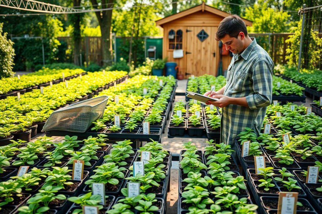 A vibrant and organized nursery for seedlings, showcasing a variety of young plants in labeled pots and trays, clearly indicating identification and traceability. In the foreground, a gardener wearing modest casual clothing inspects a detailed plant label, using a clipboard and pen. The middle ground features neatly arranged rows of healthy seedlings, with color-coded tags and a digital scanning device for tracking purposes. In the background, a wooden shed stores gardening tools and supplies, surrounded by greenery and soft sunlight filtering through leaves, creating an inviting atmosphere. The scene is well-lit, emphasizing the lush, green colors, with a slightly elevated angle to capture the structured layout and attention to detail.