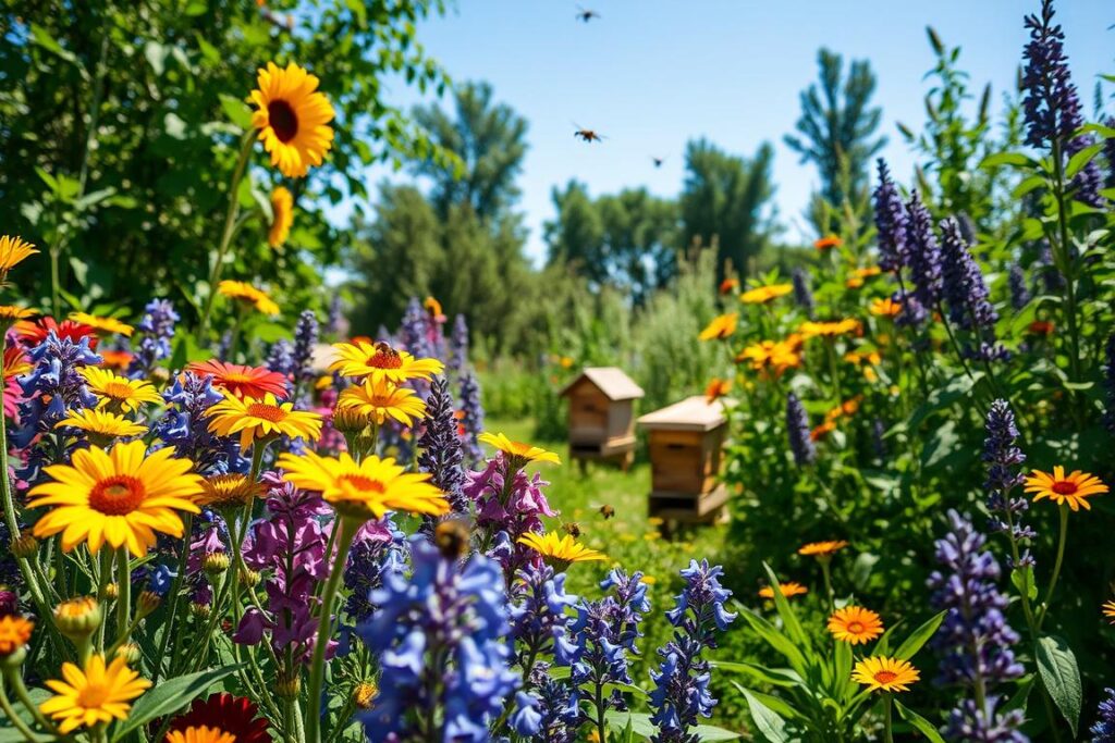 A vibrant, lush garden filled with diverse flowering plants that attract native stingless bees. In the foreground, colorful blossoms of various shapes and sizes—like bright yellow sunflowers, delicate bluebells, and rich purple lavender—are prominently displayed. The middle ground features small wooden beehives nestled among the greenery, surrounded by buzzing bees in flight. The background showcases a clear blue sky, dappled sunlight filtering through the leaves, creating a warm and inviting atmosphere. The scene captures a peaceful, thriving ecosystem, emphasizing the importance of nurturing flowering plants for bee health. The perspective is slightly elevated, giving a broad view of the environment, with soft, natural lighting enhancing the vivid colors and serene mood. A vibrant, lush garden filled with diverse flowering plants that attract native stingless bees. In the foreground, colorful blossoms of various shapes and sizes—like bright yellow sunflowers, delicate bluebells, and rich purple lavender—are prominently displayed. The middle ground features small wooden beehives nestled among the greenery, surrounded by buzzing bees in flight. The background showcases a clear blue sky, dappled sunlight filtering through the leaves, creating a warm and inviting atmosphere. The scene captures a peaceful, thriving ecosystem, emphasizing the importance of nurturing flowering plants for bee health. The perspective is slightly elevated, giving a broad view of the environment, with soft, natural lighting enhancing the vivid colors and serene mood.