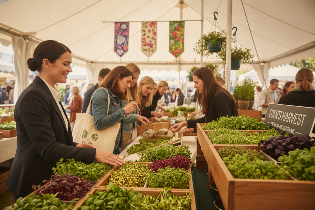 A vibrant market scene showcasing the sale of microgreens in a premium setting. In the foreground, a professional vendor in smart business attire is cheerfully presenting a variety of colorful microgreens, neatly arranged in attractive wooden crates. The middle ground features customers, engaged and inspecting the fresh produce, some holding shopping bags. The background reveals a bright, stylish farmers' market ambiance with colorful banners and greenery, infused with natural sunlight filtering through large tents. Capture the warm mood of a bustling marketplace, emphasizing the freshness and quality of the microgreens. Use a soft focus with a slightly elevated angle to create an inviting and dynamic atmosphere, ideal for illustrating effective sales strategies in the premium market. A vibrant market scene showcasing the sale of microgreens in a premium setting. In the foreground, a professional vendor in smart business attire is cheerfully presenting a variety of colorful microgreens, neatly arranged in attractive wooden crates. The middle ground features customers, engaged and inspecting the fresh produce, some holding shopping bags. The background reveals a bright, stylish farmers' market ambiance with colorful banners and greenery, infused with natural sunlight filtering through large tents. Capture the warm mood of a bustling marketplace, emphasizing the freshness and quality of the microgreens. Use a soft focus with a slightly elevated angle to create an inviting and dynamic atmosphere, ideal for illustrating effective sales strategies in the premium market.