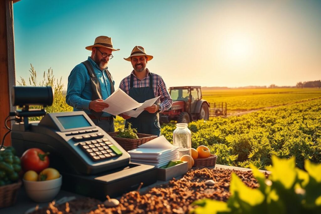 A vibrant rural scene depicting a small farm in the foreground, showcasing an organized workspace with farmers in professional attire analyzing financial documents and charts. In the middle ground, a well-kept cash register and agricultural equipment suggest ongoing operations, alongside fresh produce ready for sale. The background features lush fields of crops and a clear blue sky, symbolizing growth and abundance. Golden sunlight casts a warm glow across the scene, creating an atmosphere of productivity and optimism. The composition should be framed with a slight tilt, emphasizing the dynamic nature of farm finances while avoiding clutter. The overall mood is focused and professional, highlighting the importance of cash flow management in agriculture. A vibrant rural scene depicting a small farm in the foreground, showcasing an organized workspace with farmers in professional attire analyzing financial documents and charts. In the middle ground, a well-kept cash register and agricultural equipment suggest ongoing operations, alongside fresh produce ready for sale. The background features lush fields of crops and a clear blue sky, symbolizing growth and abundance. Golden sunlight casts a warm glow across the scene, creating an atmosphere of productivity and optimism. The composition should be framed with a slight tilt, emphasizing the dynamic nature of farm finances while avoiding clutter. The overall mood is focused and professional, highlighting the importance of cash flow management in agriculture.