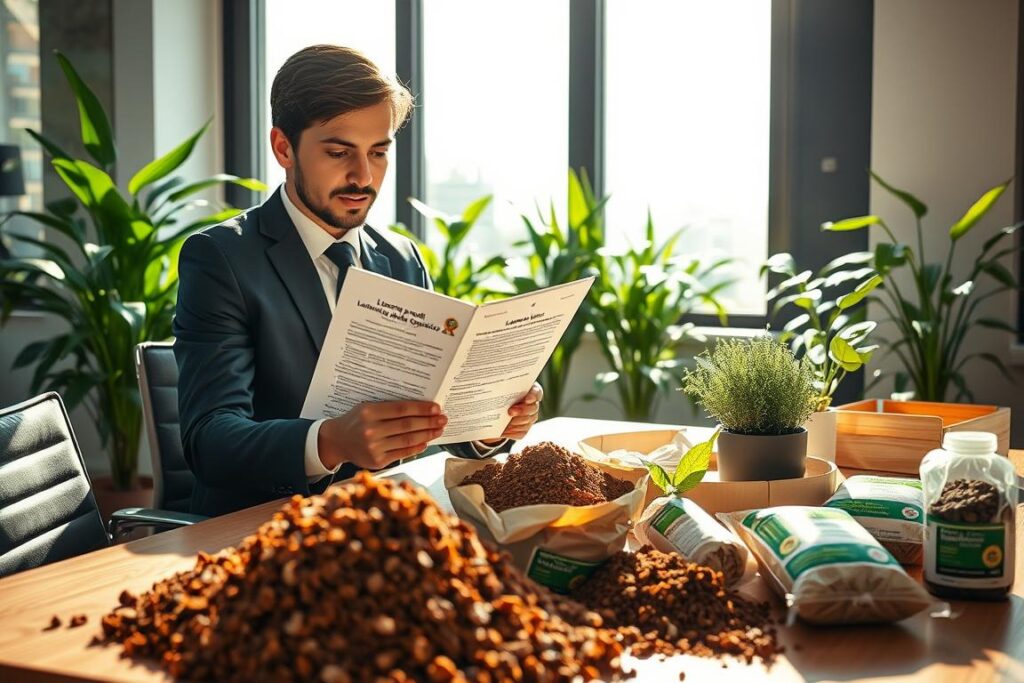 A vibrant scene depicting a formal business setting in an office. In the foreground, a professional individual in business attire reviews a detailed document titled 