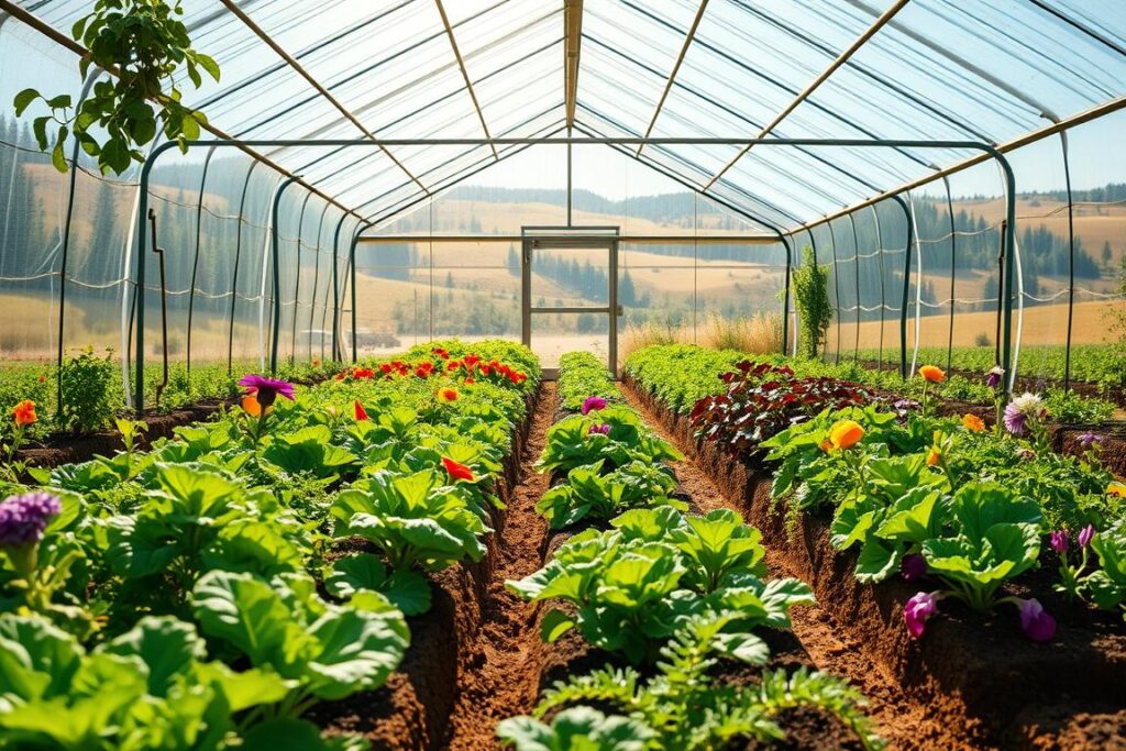 A vibrant scene of a protected agricultural cultivation environment showcasing a greenhouse filled with lush, healthy plants. In the foreground, a variety of colorful vegetables and flowers are thriving in raised beds, illustrating the microclimate effects of careful soil orientation and sunlight exposure. The middle layer features a well-structured greenhouse with transparent panels, allowing the warm sunlight to filter in while providing shelter. The background showcases a sunlit landscape of rolling hills and trees, emphasizing the outdoor environment's influence on the internal climate. The lighting is warm and inviting, capturing the essence of a sunny day. The atmosphere conveys a sense of growth and vitality, highlighting the importance of solar orientation and terrain in sustainable farming practices.