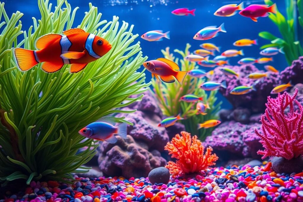 A vibrant underwater scene showcasing a variety of ornamental fish in a lush, well-maintained aquarium. In the foreground, a bright orange clownfish swims amidst swaying green anemones, while iridescent bettas glide gracefully nearby, their fins flowing like silk. The middle ground features a school of neon tetras darting playfully among colorful coral structures, adding splashes of blue, yellow, and purple. In the background, soft ambient light filters through the water, illuminating the colorful gravel and creating a serene, tranquil atmosphere. The lens captures the scene from a slightly elevated angle, enhancing the depth and detail of the aquatic landscape, evoking a sense of wonder and appreciation for these exotic creatures.