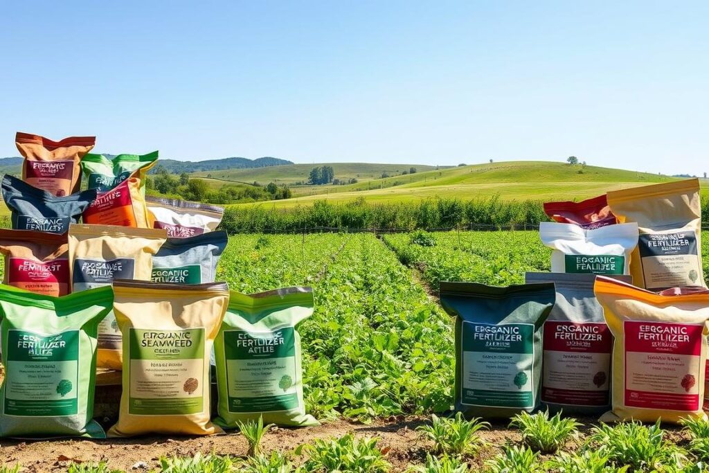 A visually rich display of twenty distinct organic fertilizers designed for small-scale agriculture, each in uniquely labeled bags. In the foreground, a variety of textured, vibrant fertilizer bags showcasing their natural ingredients, like compost, seaweed, and bone meal. The middle ground features a lush, green garden setting with crops thriving, demonstrating the effectiveness of these fertilizers. In the background, gentle hills under a clear blue sky enhance the idyllic rural atmosphere. Soft, natural lighting illuminates the scene, emphasizing the colors of the fertilizers and the vitality of the plants. The camera angle is slightly elevated, providing a comprehensive view of the bags and the thriving garden, conveying a sense of abundance and natural growth. A visually rich display of twenty distinct organic fertilizers designed for small-scale agriculture, each in uniquely labeled bags. In the foreground, a variety of textured, vibrant fertilizer bags showcasing their natural ingredients, like compost, seaweed, and bone meal. The middle ground features a lush, green garden setting with crops thriving, demonstrating the effectiveness of these fertilizers. In the background, gentle hills under a clear blue sky enhance the idyllic rural atmosphere. Soft, natural lighting illuminates the scene, emphasizing the colors of the fertilizers and the vitality of the plants. The camera angle is slightly elevated, providing a comprehensive view of the bags and the thriving garden, conveying a sense of abundance and natural growth.