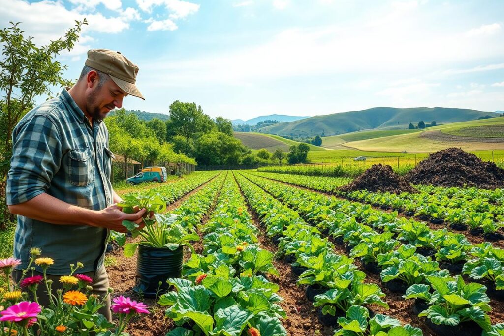 A visually striking agricultural scene showcasing a diverse small farm thriving with vibrant crops and organic fertilizer application. In the foreground, a farmer wearing modest casual clothing examines healthy vegetable plants, surrounded by lush greenery and colorful flowers. The middle ground displays rows of neatly arranged crops, illustrating effective planting strategies, while a compost pile is visible, emphasizing the organic approach. In the background, rolling hills under a clear blue sky with soft, diffused sunlight illuminating the scene enhances the uplifting atmosphere. Capture this composition with a slightly elevated angle to provide a comprehensive view of the farm's productivity and growth potential, evoking a sense of hope and success in sustainable farming practices. A visually striking agricultural scene showcasing a diverse small farm thriving with vibrant crops and organic fertilizer application. In the foreground, a farmer wearing modest casual clothing examines healthy vegetable plants, surrounded by lush greenery and colorful flowers. The middle ground displays rows of neatly arranged crops, illustrating effective planting strategies, while a compost pile is visible, emphasizing the organic approach. In the background, rolling hills under a clear blue sky with soft, diffused sunlight illuminating the scene enhances the uplifting atmosphere. Capture this composition with a slightly elevated angle to provide a comprehensive view of the farm's productivity and growth potential, evoking a sense of hope and success in sustainable farming practices.
