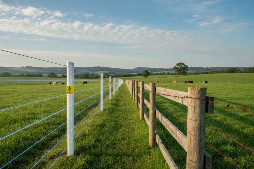 A vivid comparison of an electric fence and a conventional fence in a pastoral setting. In the foreground, the electric fence is depicted, showcasing its modern posts and vibrant, electric wires, subtly glowing with a low voltage. The middle ground features a traditional wooden fence, sturdy and rustic, with barbed wire entangled in the wood. The background is a lush green field under a bright blue sky with light, fluffy clouds. The atmosphere is informative and serene, emphasizing the practicality of both systems. Capture this scene with soft, natural lighting to enhance the colors and textures, using a slightly angled perspective to draw attention to both types of fences clearly. The image should evoke a sense of tranquility and utility, reflecting a thoughtful choice in fencing options. A vivid comparison of an electric fence and a conventional fence in a pastoral setting. In the foreground, the electric fence is depicted, showcasing its modern posts and vibrant, electric wires, subtly glowing with a low voltage. The middle ground features a traditional wooden fence, sturdy and rustic, with barbed wire entangled in the wood. The background is a lush green field under a bright blue sky with light, fluffy clouds. The atmosphere is informative and serene, emphasizing the practicality of both systems. Capture this scene with soft, natural lighting to enhance the colors and textures, using a slightly angled perspective to draw attention to both types of fences clearly. The image should evoke a sense of tranquility and utility, reflecting a thoughtful choice in fencing options.