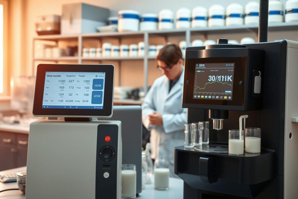 A well-equipped laboratory setting focused on milk quality analysis. In the foreground, showcase a high-tech milk analyzer displaying various parameters such as fat content, protein levels, and somatic cell count on its digital screen. The middle ground features a professional technician in a lab coat, attentively examining the analyzer's readings, with tools like pipettes and test tubes neatly arranged nearby. The background presents shelves filled with scientific instruments and containers of milk samples, bathed in soft, warm lighting that creates a focused yet inviting atmosphere. The image captures a sense of precision and professionalism, emphasizing the importance of quality measurement in dairy production.