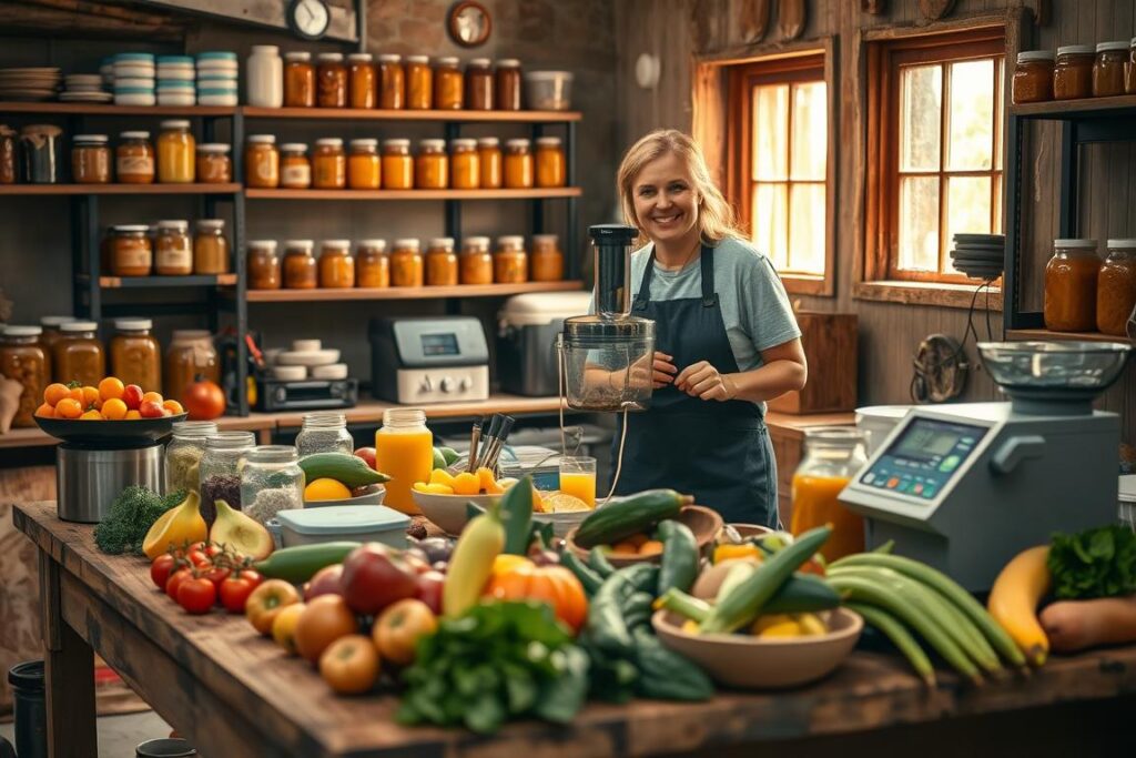 A well-equipped small family agroindustry environment filled with essential processing equipment for rural food production. In the foreground, a sturdy wooden worktable displays fresh produce like fruits and vegetables, neatly arranged alongside processing tools such as a food processor, jars, and a scale. In the middle ground, a family member in professional casual attire operates a small commercial juicer, with a bright smile indicating satisfaction. The background reveals shelves stocked with jars of preserved foods and a window letting in warm, natural light, creating a cheerful, inviting atmosphere. The scene captures the essence of family-run agricultural business, highlighting efficiency and a connection to the land, with a cozy yet industrious feel. The overall ambiance is bright, emphasizing a sense of creativity and sustainability. A well-equipped small family agroindustry environment filled with essential processing equipment for rural food production. In the foreground, a sturdy wooden worktable displays fresh produce like fruits and vegetables, neatly arranged alongside processing tools such as a food processor, jars, and a scale. In the middle ground, a family member in professional casual attire operates a small commercial juicer, with a bright smile indicating satisfaction. The background reveals shelves stocked with jars of preserved foods and a window letting in warm, natural light, creating a cheerful, inviting atmosphere. The scene captures the essence of family-run agricultural business, highlighting efficiency and a connection to the land, with a cozy yet industrious feel. The overall ambiance is bright, emphasizing a sense of creativity and sustainability.