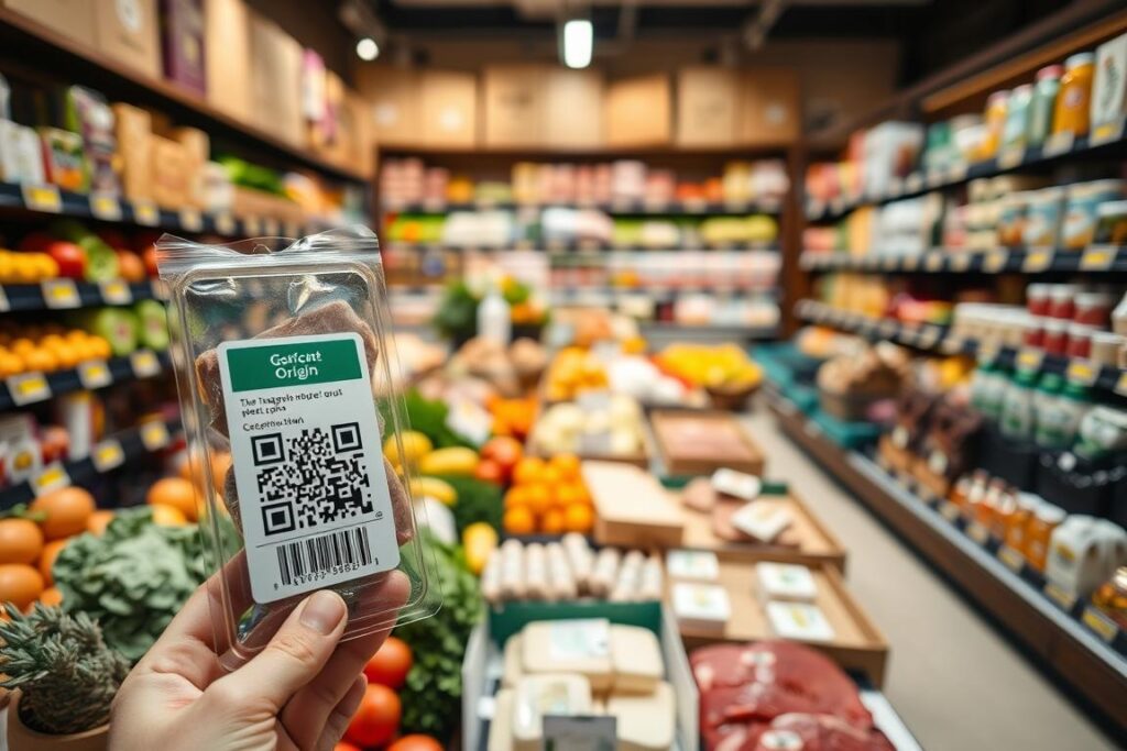 A well-organized supermarket display showcasing various food products with a strong emphasis on traceability systems. In the foreground, a clear, labeled product with a QR code, indicating its origin, alongside a customer scanning it on a smartphone. The middle ground features diverse food items, such as fresh vegetables, meats, and dairy, all displaying traceability tags. In the background, shelves filled with organized grocery items under soft, warm lighting that creates an inviting atmosphere. The perspective is slightly angled to highlight both the products and the scanning process. The scene conveys a sense of transparency and quality in food sourcing, reflecting a modern marketplace focused on traceable food sources.