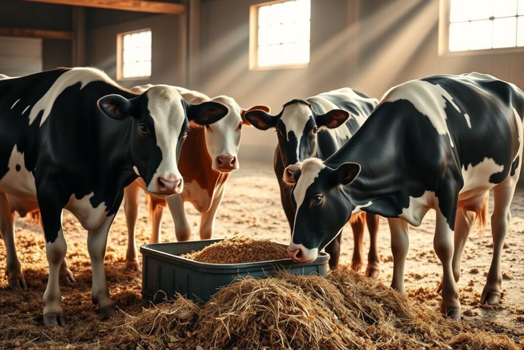 In a serene, well-lit barn setting, a group of dairy cows gathers around a feeding trough, showcasing their competition for space and food. In the foreground, two medium-sized Holstein cows gently nudge each other, creating a sense of tension and competition. The middle ground features two additional cows, one feeding while the other watches, as hay and grain scatter around the trough, emphasizing unequal access to resources. In the background, soft sunlight streams in through large barn windows, casting a warm glow over the scene. The atmosphere is calm yet filled with a subtle urgency, highlighting the challenges of feeding and space distribution among the cows. The image should capture the essence of the competition for feed, devoid of any human presence or distractions.
