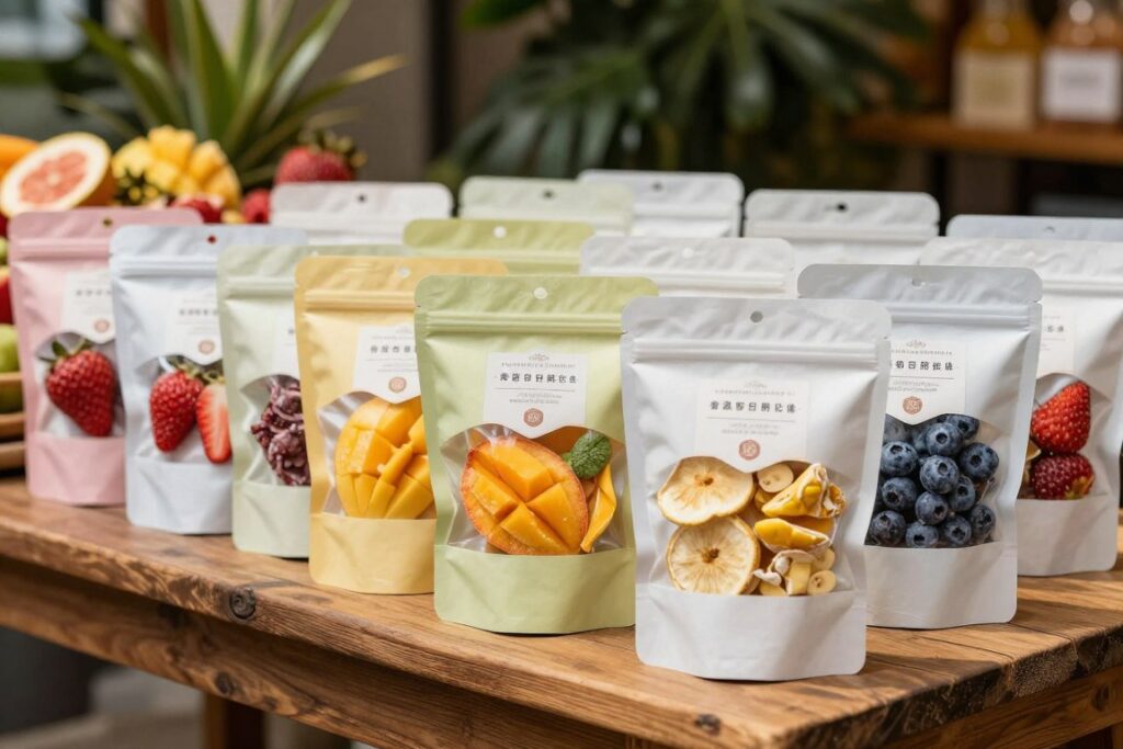 A beautifully arranged display of freeze-dried fruit packaging, neatly lined up on a rustic wooden table. In the foreground, colorful pouches showcasing various freeze-dried fruits, such as strawberries, mangoes, and blueberries, with clear windows revealing their vivid colors and textures. The middle ground features a subtle drop shadow cast by overhead soft lighting, enhancing the freshness and vibrancy of the products. In the background, blurred green foliage adds a natural, organic feel, evoking ideas of freshness and preservation. The overall atmosphere is warm and inviting, with an emphasis on quality and premium presentation, suitable for an upscale market. The angle is slightly elevated to capture both the products and their packaging design effectively.