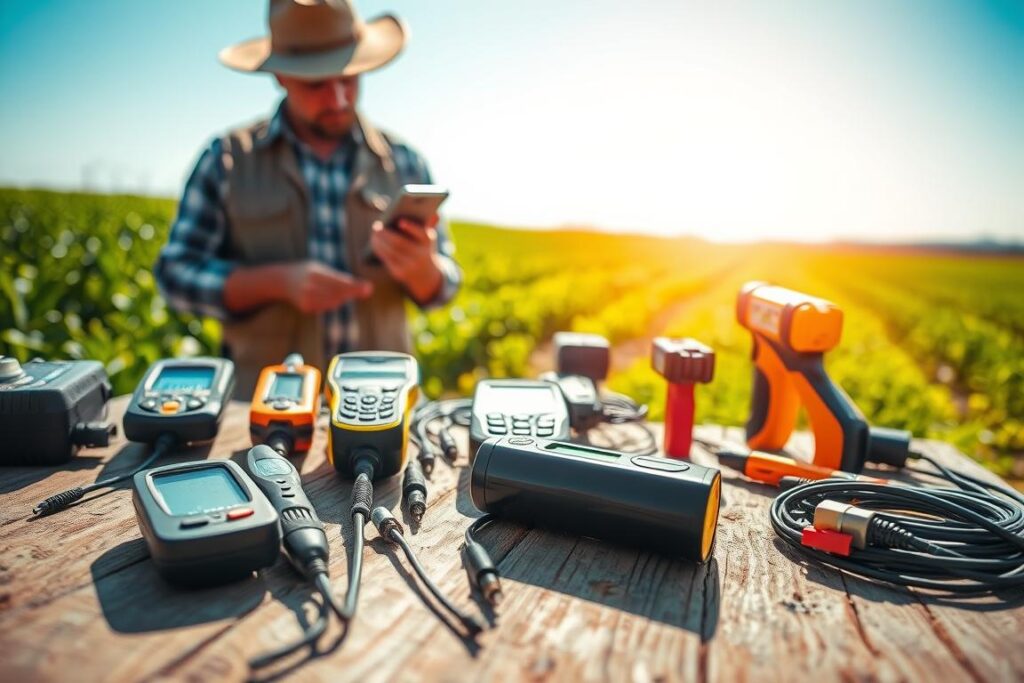 A close-up view of a variety of agricultural diagnostic tools and sensors laid out on a rustic wooden table in a bright, sunlit rural setting. The foreground includes specific instruments such as soil moisture meters, pH sensors, and handheld infrared thermometers, all showcasing their intricate details. In the middle, a farmer in professional attire examines one of the sensors, looking focused and engaged in the process. The background features a lush green field with crops, under a clear blue sky, creating an atmosphere of hope and productivity. The lighting is warm and natural, enhancing the colors and textures of the tools and the environment, capturing the essence of efficient rural diagnostics.