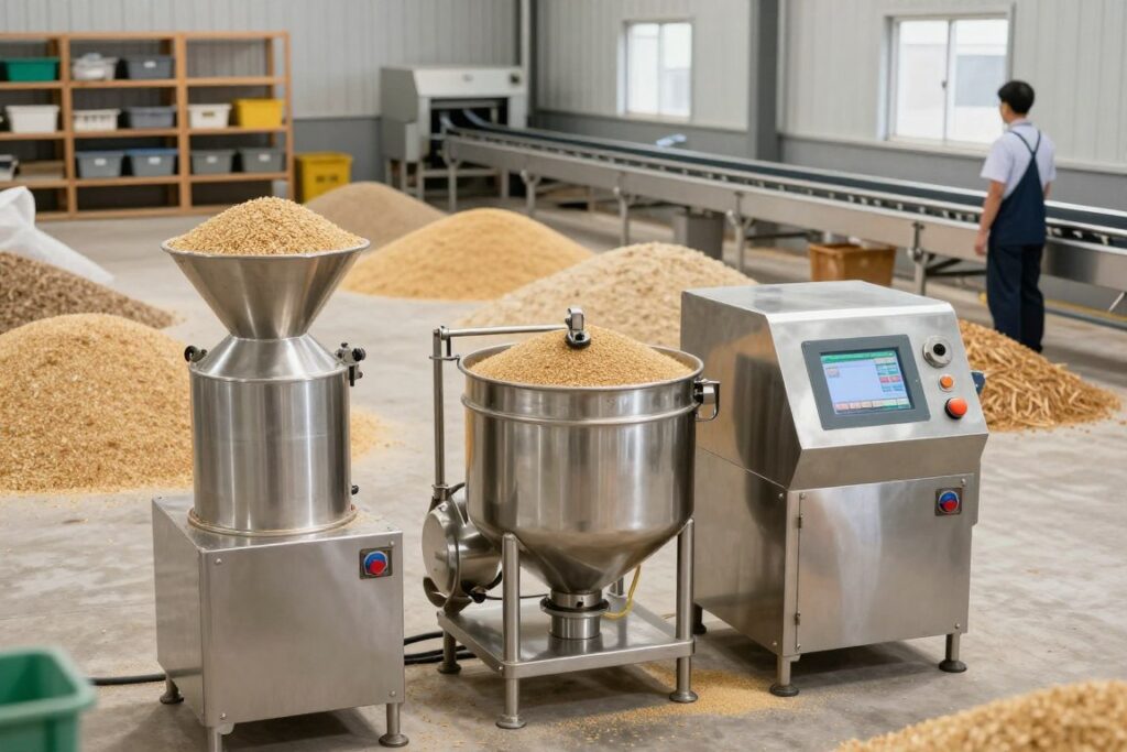 A detailed depiction of a mini factory for animal feed production. In the foreground, showcase essential equipment including a grain mill, mixer, and pellet machine, all depicted in modern stainless steel with various buttons and controls visible. The middle ground features neatly organized stacks of raw ingredients such as grains and supplements, highlighting the materials used in feed production. In the background, an open workspace with shelves holding storage bins, conveyor belts, and tools creates an industrial atmosphere. Soft, natural lighting illuminates the scene, emphasizing the cleanliness and efficiency of the setup. A professional, modestly dressed operator observes the machinery, embodying the productive spirit of the factory. The overall mood conveys hard work, innovation, and the pursuit of quality in animal feed manufacturing.