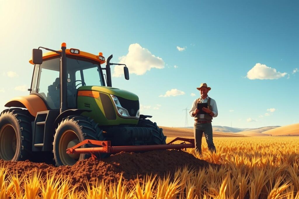 A detailed illustration of an agricultural machine in the foreground, showcasing a powerful and efficient tractor plowing a vast field of golden wheat under sunny skies. The machine is depicted in mid-action, with soil being turned up, illustrating productivity. In the middle ground, a farmer in modest work attire observes the machine, taking notes on a clipboard, symbolizing the analysis of productivity per hour. The background features rolling hills and a clear blue sky dotted with a few fluffy clouds, enhancing the open-air agriculture setting. Soft, natural lighting bathes the scene, creating an optimistic and industrious mood. The perspective is slightly elevated, capturing both the machine’s power and the farmer’s focus on productivity.