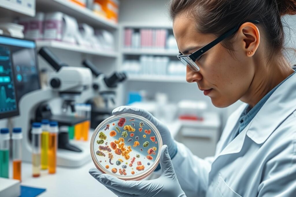 A detailed laboratory scene depicting microbiological analysis of bioinputs. In the foreground, a focused scientist in professional attire is examining a petri dish under a magnifying glass, showcasing a variety of microbial cultures. The middle ground features laboratory equipment like microscopes, test tubes filled with colorful liquid, and a digital interface displaying analytical data. In the background, shelves lined with scientific literature and bioinsumos samples add depth to the scene. The lighting is bright and clinical, emphasizing the sterile environment, while a shallow depth of field softly blurs the background, drawing attention to the analysis process. The overall mood is one of serious inquiry and dedication to scientific evaluation, reflecting the importance of assessing biological inputs.