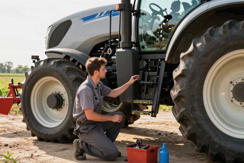 A detailed view of an agricultural machinery maintenance scene, featuring a technician in professional attire inspecting a large, modern tractor. In the foreground, the technician kneels beside the tractor, surrounded by various tools and equipment, displaying a focused expression. The middle ground showcases the tractor's intricate mechanical components, indicating active maintenance. In the background, a sunny agricultural field is visible, emphasizing the importance of operational efficiency. Soft, natural lighting highlights the scene, casting gentle shadows that create a sense of depth. The overall mood is one of diligence and the urgency of keeping machinery operational, representing the high costs associated with equipment downtime in farming.
