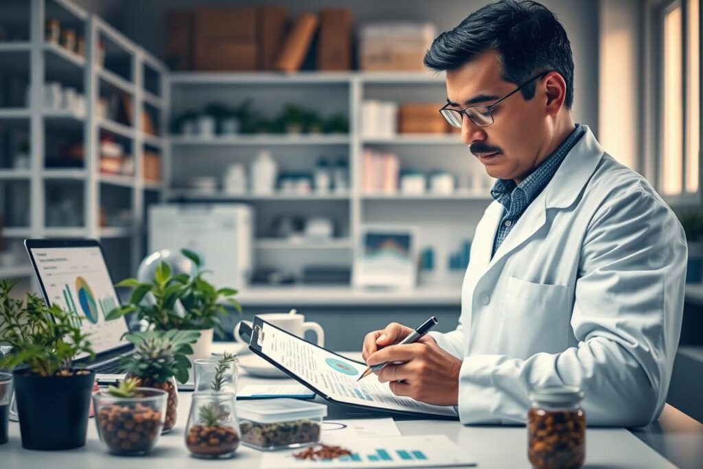 A detailed visual representation of a scientist in a lab coat, carefully recording data related to bioinsumos on a clipboard. In the foreground, the scientist, a middle-aged person of Hispanic descent, is focused and engaged, surrounded by various plant samples and bioinsumos products on a desk. In the middle ground, an organized workspace with data charts and graphs displayed on a laptop, highlighting results of assessments. The background shows shelves lined with laboratory equipment and research materials, illuminated by soft, natural lighting through a window, creating a warm atmosphere of knowledge and discovery. The scene conveys a sense of professionalism and diligence in evaluating bioinsumos effectiveness, with a thoughtful, serene ambiance.