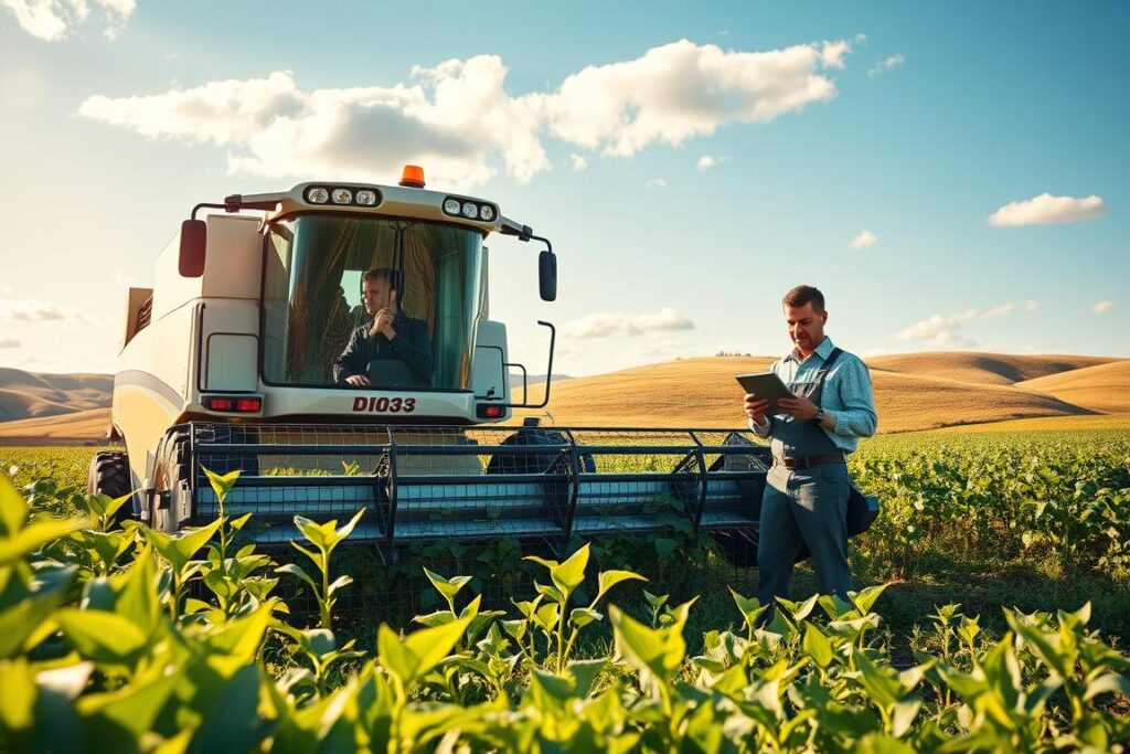 A dynamic and visually engaging scene of a modern agricultural machine, like a tractor or a combine harvester, in a lush, sunlit field, symbolizing its economic right to be purchased. In the foreground, the gleaming machine is surrounded by ripe crops, showing its efficiency and productivity. The middle ground features a farmer in professional attire, evaluating performance metrics on a tablet, reflecting the decision-making process regarding equipment ownership. In the background, rolling hills and a bright blue sky with scattered clouds create a serene atmosphere. Use soft, golden lighting to evoke a sense of prosperity and opportunity. Capture the moment from a slightly elevated angle to provide a comprehensive view of the machine’s capabilities and the surrounding environment.