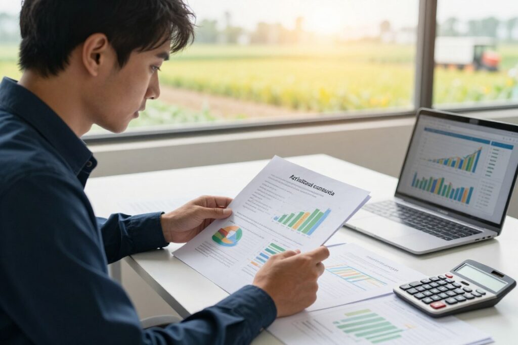 A focused agricultural producer in a professional setting, examining documents related to agricultural consortia. The foreground features the producer, dressed in smart business attire, looking intently at charts and graphs on a tablet. In the middle, a large table is cluttered with papers, a calculator, and a laptop showing financial graphs. The background includes a window revealing a sunny agricultural landscape with fields and machinery, symbolizing growth and investment. The lighting is bright and inviting, creating a feeling of optimism and diligence. The image captures a sense of careful consideration and strategizing about the risks and benefits of agricultural consortia, emphasizing the need for investigation into producer profiles.