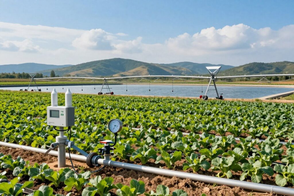 A lush rural landscape featuring a modern automated irrigation system. In the foreground, sensors and controllers are positioned near an array of vibrant crops, with moisture meters visibly connected to the ground. The middle ground showcases an expansive reservoir lined with high-tech piping and valves, reflecting the sunlight. In the background, rolling hills fade into a clear blue sky, with soft clouds providing a serene atmosphere. The lighting is bright and natural, capturing the essence of a productive farm environment. Capture the scene from a slightly elevated angle to emphasize the interconnectedness of the irrigation system and the crops, conveying innovation and efficiency in agricultural practices.