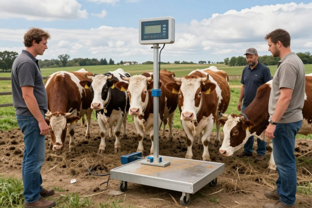 A mobile livestock scale setup in a rural environment, showcasing a group of healthy cattle being weighed. In the foreground, a well-maintained portable scale with visible digital readout, surrounded by livestock professionals in modest casual clothing, observing the process with focused expressions. The middle ground features several cows standing on the scale, with a few others grazing nearby. The background reveals a picturesque farm landscape, with green pastures and a clear blue sky dotted with fluffy clouds, conveying a sense of tranquility and efficiency in cattle management. Soft, natural lighting emphasizes the scene, creating an inviting and professional atmosphere. The composition should be captured at a slightly elevated angle to highlight both the scale and the cattle. A mobile livestock scale setup in a rural environment, showcasing a group of healthy cattle being weighed. In the foreground, a well-maintained portable scale with visible digital readout, surrounded by livestock professionals in modest casual clothing, observing the process with focused expressions. The middle ground features several cows standing on the scale, with a few others grazing nearby. The background reveals a picturesque farm landscape, with green pastures and a clear blue sky dotted with fluffy clouds, conveying a sense of tranquility and efficiency in cattle management. Soft, natural lighting emphasizes the scene, creating an inviting and professional atmosphere. The composition should be captured at a slightly elevated angle to highlight both the scale and the cattle.