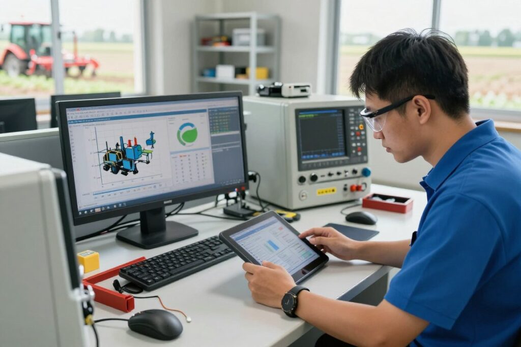 A modern agricultural maintenance control room filled with high-tech machinery and equipment. In the foreground, a professional wearing a blue polo shirt and safety glasses leans over a digital tablet, analyzing maintenance data. The middle ground features a large screen displaying graphs and stats related to machine performance, alongside tools and spare parts neatly organized on shelves. In the background, through a window, a view of fields with agricultural machinery working. The lighting is bright and natural, casting soft shadows, evoking an atmosphere of efficiency and productivity. Capture the scene from a slightly elevated angle, emphasizing both the technology and the human element in agricultural maintenance.