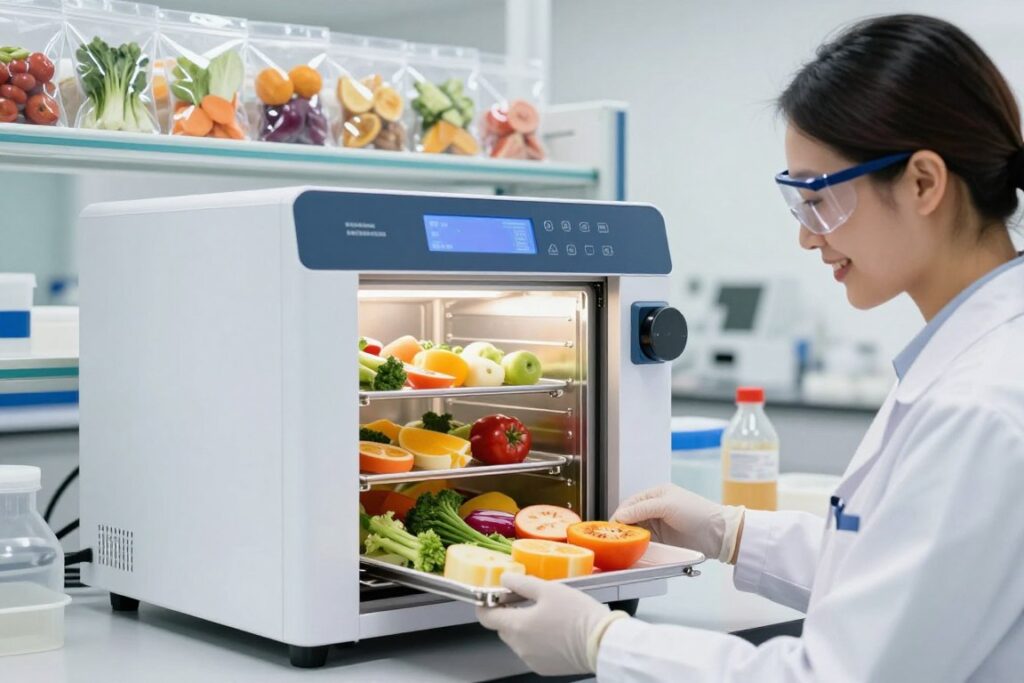 A modern, well-lit laboratory setting featuring a high-quality lyophilizer in action, with vibrant fruits and vegetables being transformed into premium products. In the foreground, a professional wearing a lab coat, safety goggles, and gloves carefully monitors the process, showcasing expressions of concentration and satisfaction. In the middle, the lyophilizer is highlighted, with clear panels showing the transformation process. The background includes shelves stocked with neatly packaged freeze-dried products, illuminating the potential success of such technology. The atmosphere is bright and optimistic, with soft, natural lighting emphasizing the colors of the food. Use a shallow depth of field to draw focus to the lyophilizer and the professional, creating an engaging and inspiring visual story about the opportunities of freeze-drying.