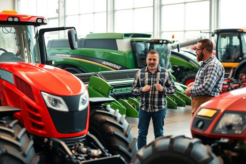 A professional agricultural machinery showroom, featuring a variety of high-tech farming equipment in the foreground. A knowledgeable salesperson, dressed in professional attire, engages with a farmer dressed in modest casual clothing, discussing the features and benefits of a modern tractor with advanced technology. In the middle ground, other machines such as combine harvesters and plows are on display, showcasing their intricate design and maintenance features. The background includes a bright, well-lit environment with large windows allowing natural sunlight to flood the space, enhancing the clarity of the machinery. The atmosphere is focused and informative, emphasizing the importance of maintenance and technology in the decision-making process for purchasing agricultural equipment. The angle is slightly elevated, capturing both the human interaction and the machinery's details effectively.