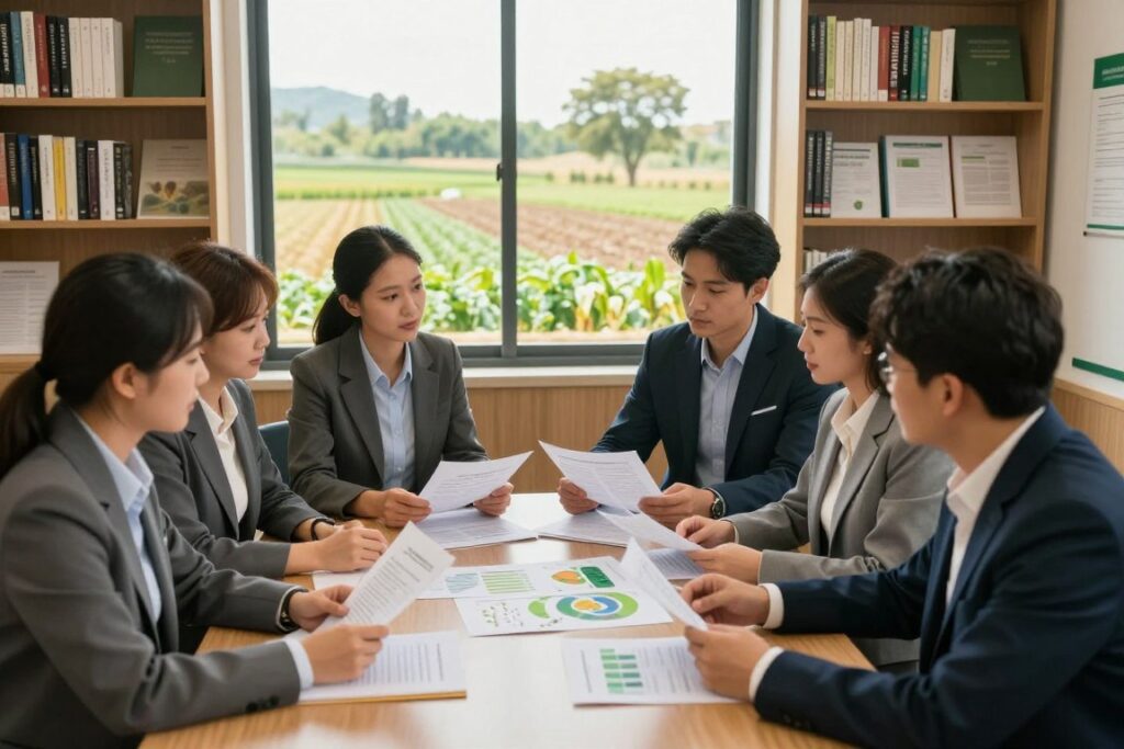 A professional meeting setting focused on agricultural compliance and safety for producers. In the foreground, a diverse group of individuals in business attire—two men and two women—discuss agricultural regulations while examining documents and charts on a wooden conference table. In the middle, a large window lets in warm, natural light, showcasing a vibrant outdoor landscape of farmland with crops and trees, symbolizing a healthy environment. The background features shelves filled with books on farming practices and regulatory guidelines. The overall mood is collaborative and inspiring, emphasizing the importance of training and compliance. Use a slight overhead angle to capture the group’s engagement and the details of the workspace, enhancing the professional atmosphere. A professional meeting setting focused on agricultural compliance and safety for producers. In the foreground, a diverse group of individuals in business attire—two men and two women—discuss agricultural regulations while examining documents and charts on a wooden conference table. In the middle, a large window lets in warm, natural light, showcasing a vibrant outdoor landscape of farmland with crops and trees, symbolizing a healthy environment. The background features shelves filled with books on farming practices and regulatory guidelines. The overall mood is collaborative and inspiring, emphasizing the importance of training and compliance. Use a slight overhead angle to capture the group’s engagement and the details of the workspace, enhancing the professional atmosphere.