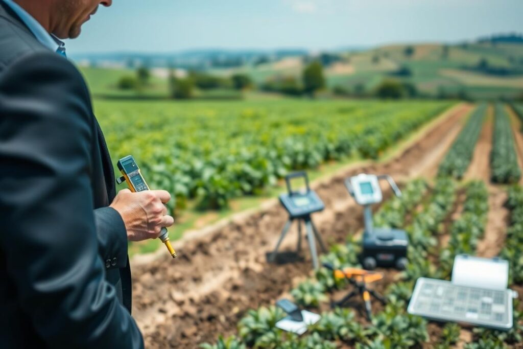 A rural diagnostic workflow scene, focusing on soil penetration testing using a penetrometer. In the foreground, a professional in business attire is demonstrating the penetrometer on farmland, concentrating on soil samples. The middle ground shows lush green fields with various crops, and equipment neatly arranged for soil analysis, illustrating the diagnostic process. In the background, a clear blue sky and distant rolling hills depict a tranquil rural setting. Soft, natural lighting creates an inviting atmosphere, with a slight depth of field effect emphasizing the professional and the penetrometer. The overall mood is analytical, highlighting the precision and importance of rural diagnostics in agriculture.