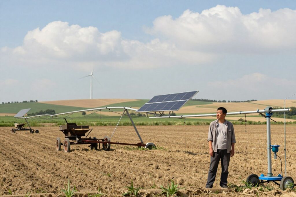 A rural landscape showcasing various farming technologies that hint at both promise and uncertainty. In the foreground, a farmer in modest casual clothing inspects an automated irrigation system with skepticism. The middle ground features traditional equipment like a plow contrasted with emerging technologies like solar panels and sensor devices, symbolizing the tension between old and new methods. In the background, rolling fields stretch under a partly cloudy sky, with a distant wind turbine turning slowly. Soft, natural lighting emphasizes the serene atmosphere, while a slight haze adds depth to the scene, inviting contemplation about the effectiveness and future of rural technologies.
