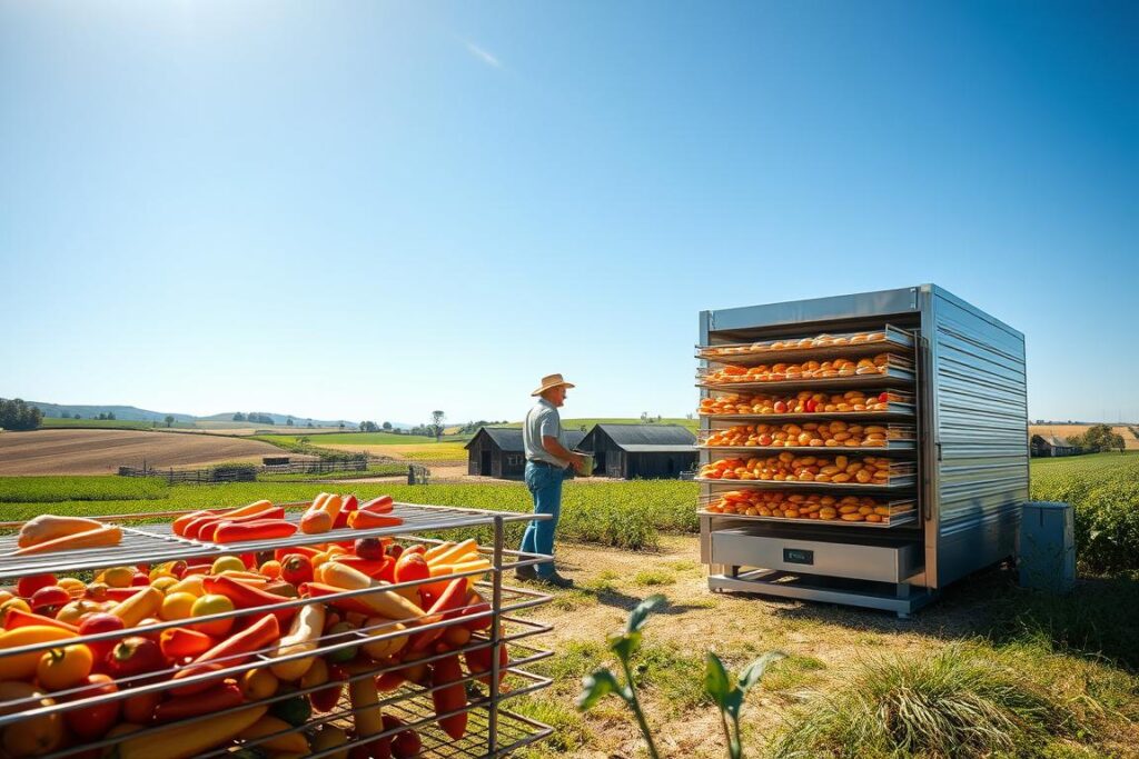 A scenic view of an agricultural landscape focused on the drying, dehydration, and conservation of rural products. In the foreground, showcase traditional drying racks filled with colorful fruits and vegetables, glistening under sunlight. In the middle, illustrate a modern dehydrator machine with a farmer in modest casual clothing, carefully inspecting the produce. The background features lush fields and a barn, surrounded by rolling hills under a clear blue sky. The lighting is warm and inviting, creating a serene and productive atmosphere. Use a slightly elevated angle to provide a comprehensive view of the drying process, emphasizing the harmony between nature and technology in rural preservation efforts.