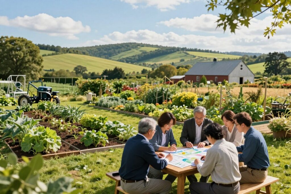 A serene countryside scene, showcasing a diverse landscape with a well-maintained farm property in the foreground. A group of individuals in smart casual attire are engaged in a planning session, reviewing charts and maps on a wooden table. They are surrounded by lush greenery, crops, and farm equipment that hint at productivity and financial planning. In the middle ground, a thriving garden with various plants symbolizes biological capital, while a distant barn reflects productive assets. The background features rolling hills under a bright, blue sky, bathed in warm, natural light that creates an inviting atmosphere. Capture a sense of collaboration, strategy, and investment in this rich, bucolic setting.