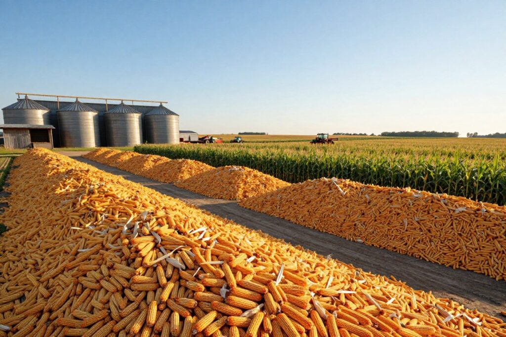 A serene farm landscape showcasing a large, well-organized corn storage facility in the foreground, with rows of golden corn piled high in a barn or silos. In the middle ground, a verdant field of corn stretches under a clear blue sky, illuminated by warm sunlight that casts gentle shadows. In the background, farm machinery is visible, such as tractors and seeders, emphasizing the agricultural theme. The scene conveys a sense of diligence and sustainability, with a peaceful atmosphere. Aim for a wide-angle view to capture the expansive layout. The lighting is natural, highlighting the rich textures of the corn and the rustic wooden elements of the storage facility, creating a vibrant and inviting rural setting.