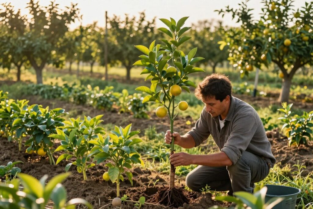 A serene horticultural scene showcasing the grafting of fruit tree seedlings in a lush garden. In the foreground, a skilled gardener in modest casual clothing is focused on carefully grafting a young citrus trunk onto a robust rootstock, surrounded by healthy, vibrant seedlings. The middle ground features a variety of fruit trees, their leaves glistening under warm, natural sunlight, highlighting the texture and colors of the grafted plants. In the background, a well-maintained orchard stretches out, with rows of diverse fruit trees, bathed in golden afternoon light. The atmosphere is tranquil and productive, evoking a sense of growth and potential in small-scale agriculture. Soft focus enhances the depth, adding dimension to the composition.