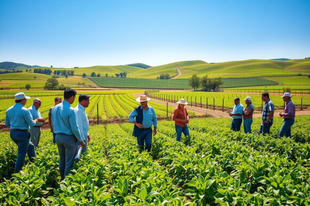 A serene rural landscape depicting agricultural security in Brazil, showcasing a lush green field under bright sunlight. In the foreground, a diverse group of farmers, dressed in professional business attire and modest casual clothing, are collaborating, inspecting crops and discussing plans. The middle ground features well-maintained farmland with crops in various stages of growth, interspersed with robust fencing and security measures like surveillance cameras. In the background, rolling hills and a clear blue sky create a sense of tranquility and safety. The atmosphere is optimistic and forward-looking, emphasizing the importance of safety and stability in agriculture. The image is brightly lit, capturing the essence of a productive and secure agricultural environment.
