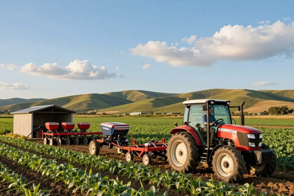 A serene small farm landscape featuring modern mechanization tools in action. In the foreground, a farmer in casual yet professional attire operates a compact tractor, skillfully maneuvering through a field of lush green crops. In the middle ground, a variety of small agricultural machines, such as a seed drill and tiller, are neatly arranged near a rustic shed, showcasing the options for efficient farming. The background displays rolling hills bathed in warm afternoon sunlight, with a clear blue sky dotted with fluffy white clouds. The scene conveys a sense of productivity and decision-making, emphasizing the balance between technology and traditional farming methods. The lighting is soft and natural, highlighting the richness of the landscape and the vibrancy of the agricultural machinery.