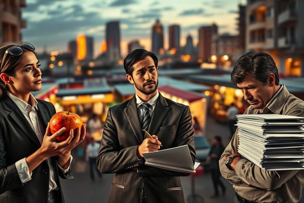 A thought-provoking scene illustrating the tension between selling out of desire versus necessity. In the foreground, a diverse group of three professionals in business attire—one holding a ripe fruit symbolizing abundance, another with a pen and paper contemplating a decision, and the third appearing stressed, surrounded by stacks of documents. In the middle ground, a contrasting backdrop of a busy marketplace with vibrant stalls, signifying opportunity and urgency. The background features a soft-focus cityscape at dusk, hinting at time pressure, with warm, golden lighting casting dramatic shadows. The atmosphere conveys a sense of urgency and contemplation, reflecting the difficult choices individuals face in economic scenarios.