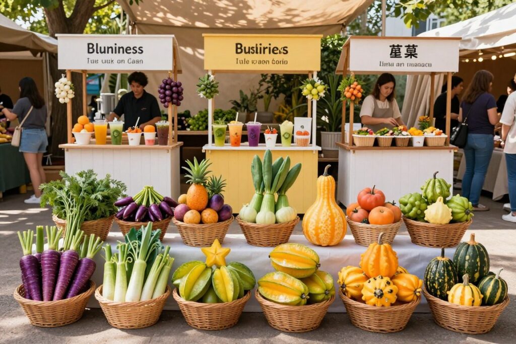 A vibrant and colorful arrangement of twelve unique fruit and vegetable business concepts creatively displayed in a market setting. In the foreground, feature unconventional fruits and vegetables like purple carrots, starfruit, and quirky shaped gourds, artistically arranged in eye-catching baskets. The middle layer should depict small business kiosks, each showcasing innovative culinary items made from these unusual produce, such as exotic smoothies and unique salads. The background should include a warm, sunny outdoor market atmosphere with rustic stalls and greenery. Light filtering through canopies creates a cheerful and inviting mood, highlighting the freshness of the produce. Use a wide-angle lens effect to capture the bustling ambiance and friendly interactions among vendors and customers, all depicted in modest casual clothing.
