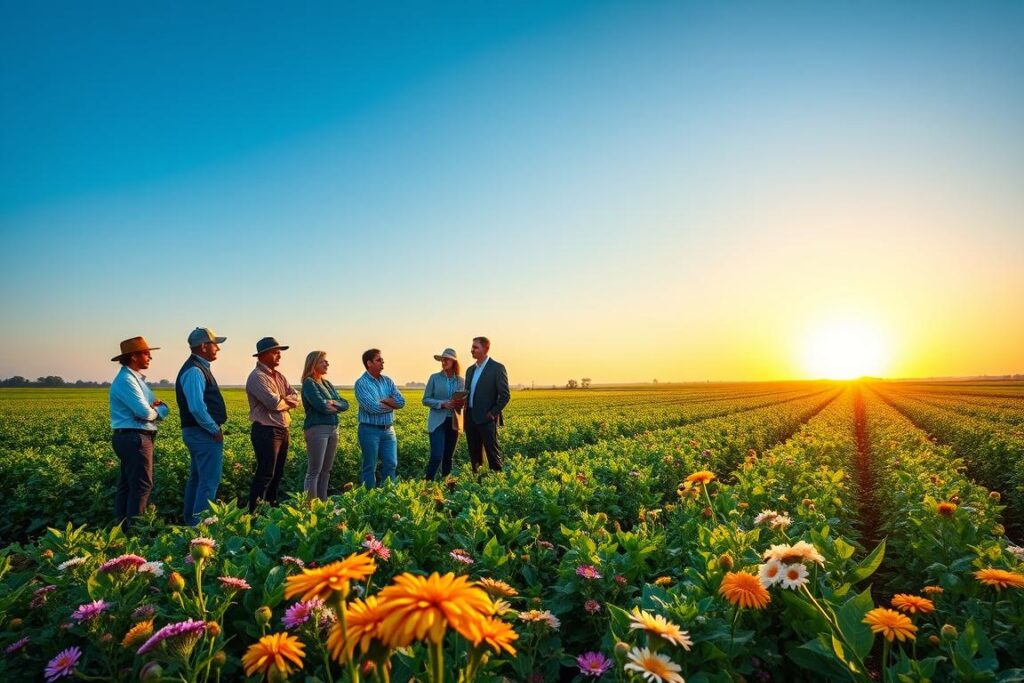 A vibrant and diverse agricultural landscape, showcasing a variety of crops and farming practices under a clear blue sky. In the foreground, a group of farmers from different backgrounds, dressed in professional business attire, discussing and collaborating on their innovative techniques. The middle ground features lush green fields bordered by blossoming wildflowers, symbolizing diversity and harmony within agriculture. In the background, a dynamic sunset casts a warm golden light, highlighting the beauty of rural life. Capture the atmosphere of unity, inclusivity, and empowerment in the agricultural community, with an emphasis on political participation and openness, all while maintaining a serene and optimistic mood. Use a wide-angle lens to enhance the scale and depth of the scene.