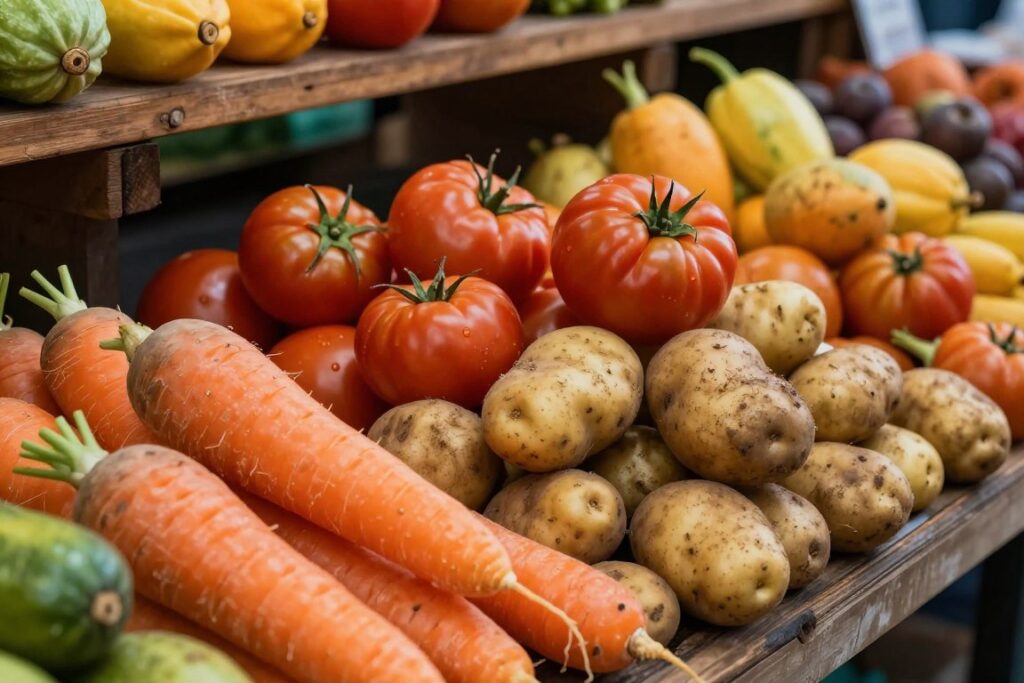 A vibrant marketplace scene featuring a variety of misshaped but colorful fruits and vegetables, showcasing their unique forms and rich textures. In the foreground, a bright orange carrot curves awkwardly; in the middle ground, a cluster of irregularly shaped tomatoes and lumpy potatoes are artistically arranged, drawing attention to their charm. The background features a rustic wooden stall and soft, ambient lighting that enhances the natural colors of the produce, creating a warm and inviting atmosphere. The scene captures the essence of the beauty in imperfection, inspiring appreciation for these unconventional foods. A shallow depth of field to highlight the produce while softly blurring the background adds to the focus and mood.