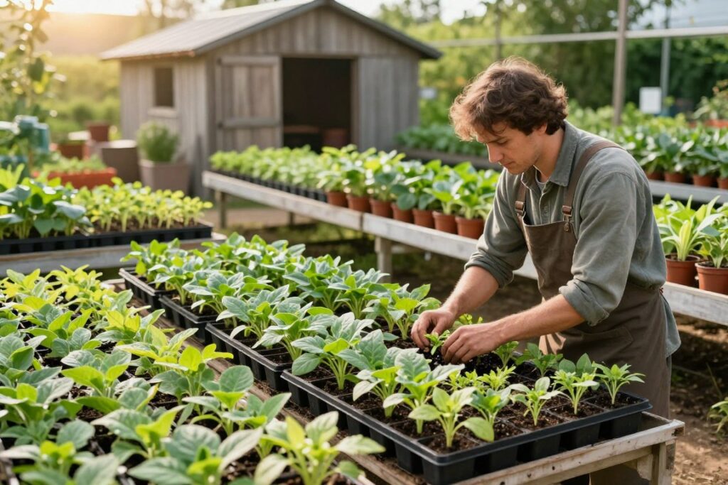 Generate a vibrant and detailed image of a small-scale nursery dedicated to producing plant seedlings for sale. In the foreground, showcase healthy, vibrant seedlings in various growing trays, with a gardener in modest casual clothing tending to them. The middle ground should feature rows of neatly arranged pots, displaying a diversity of plants. In the background, a rustic wooden shed is surrounded by greenery, and warm sunlight pours in, creating a serene, inviting atmosphere. The scene should be filled with natural light, enhancing the rich colors of the plants. Capture this setting from a slightly elevated angle, emphasizing the organization and care involved in the process of nurturing seedlings for the market. The overall mood should convey a sense of purpose and growth.